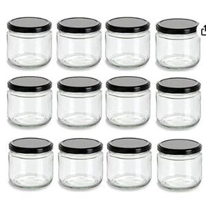 Nakpunar 12 oz Wide Mouth Glass Jars with Black Lids -Set of 12 Black